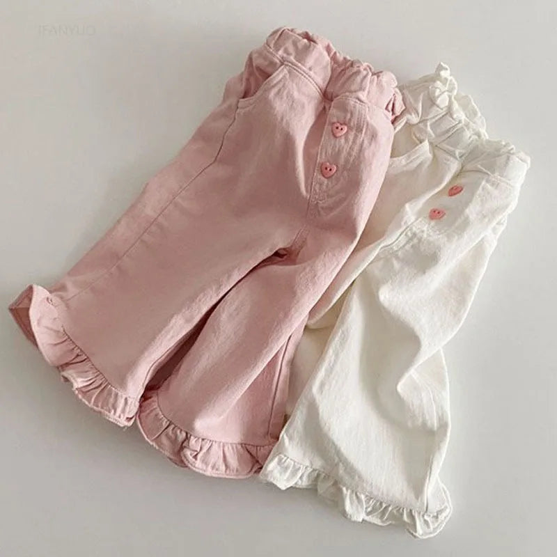 2024 Autumn New Girl Pants Baby Casual Ruffle Wide Leg Pants Children Trendy Autumn Trousers Loose Solid High Waist Bell-bottoms