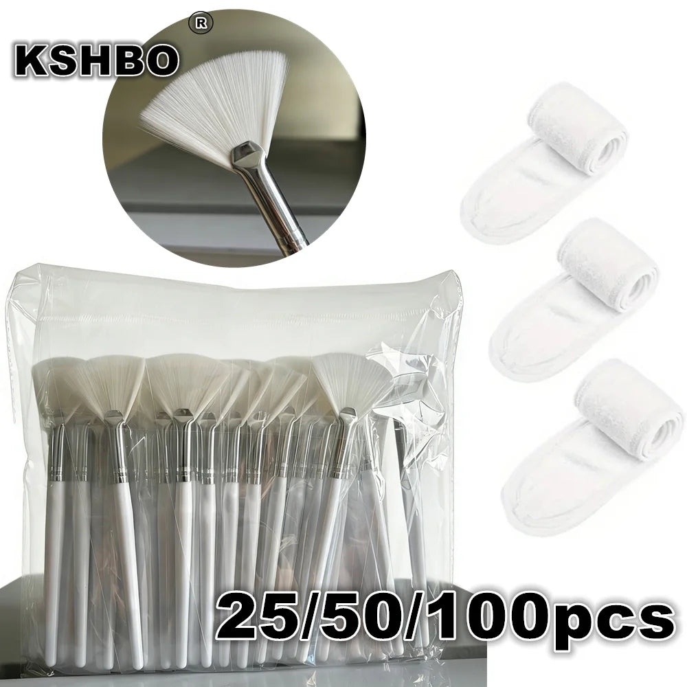 25/50/100pcs/Set Soft Portable Facial Brushes Fan Makeup Brushes with 3pcs Spa Headband Hair Wrap Skincare Tools for Face Mask