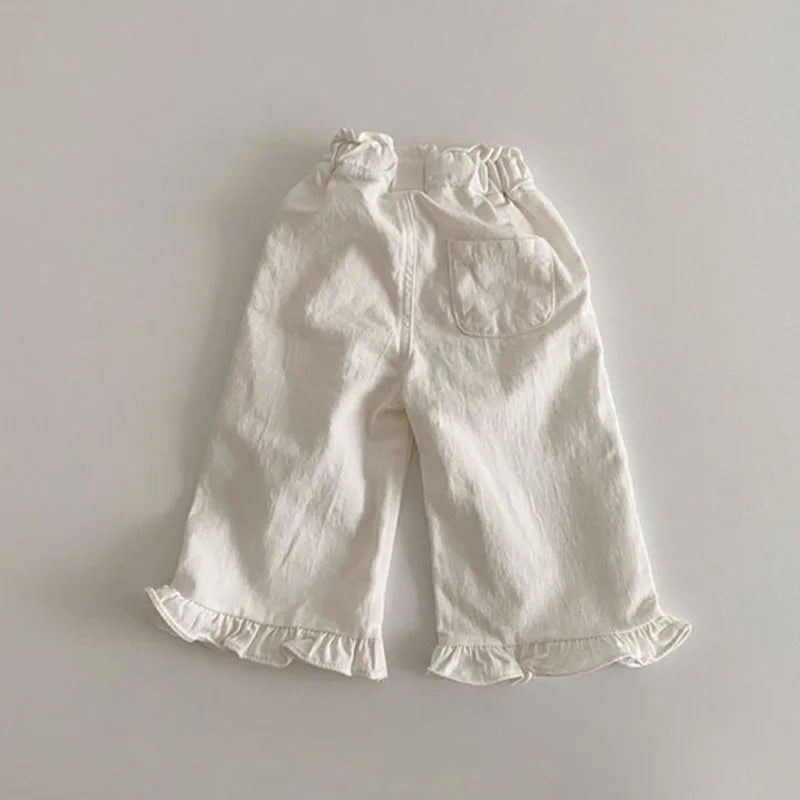 2024 Autumn New Girl Pants Baby Casual Ruffle Wide Leg Pants Children Trendy Autumn Trousers Loose Solid High Waist Bell-bottoms