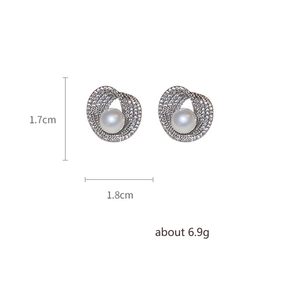 Elegant Cubic Zircon Round Pearl Earrings Asimatric Stud Earring