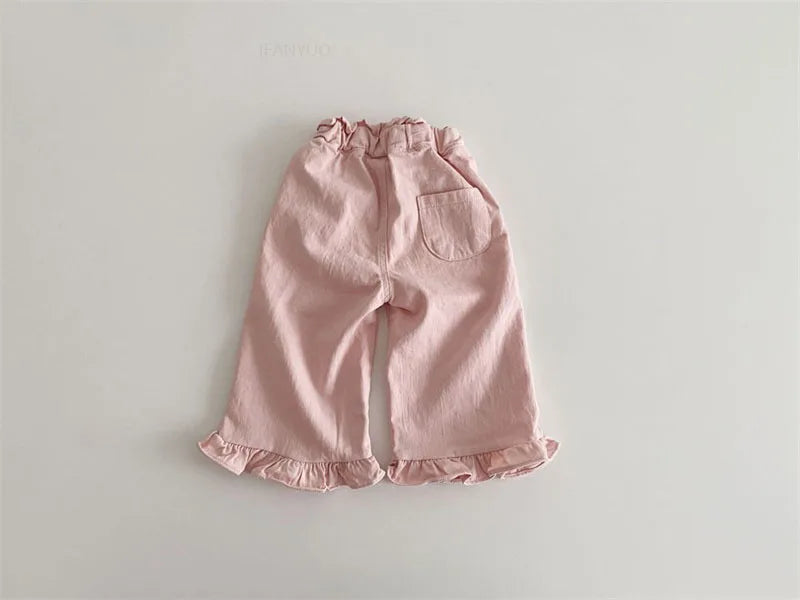 2024 Autumn New Girl Pants Baby Casual Ruffle Wide Leg Pants Children Trendy Autumn Trousers Loose Solid High Waist Bell-bottoms