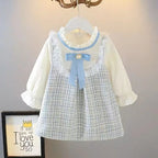 Girls Long Sleeve Skirt Cute Loose Dress Outer Wear Spring New Korean Style Clothing Kids Casual Fashion Round Neck Bow Skirt