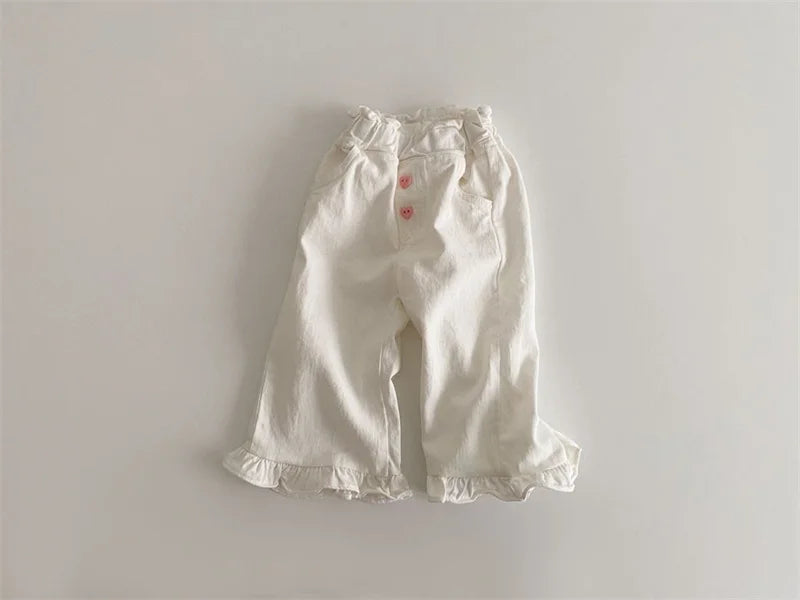 2024 Autumn New Girl Pants Baby Casual Ruffle Wide Leg Pants Children Trendy Autumn Trousers Loose Solid High Waist Bell-bottoms