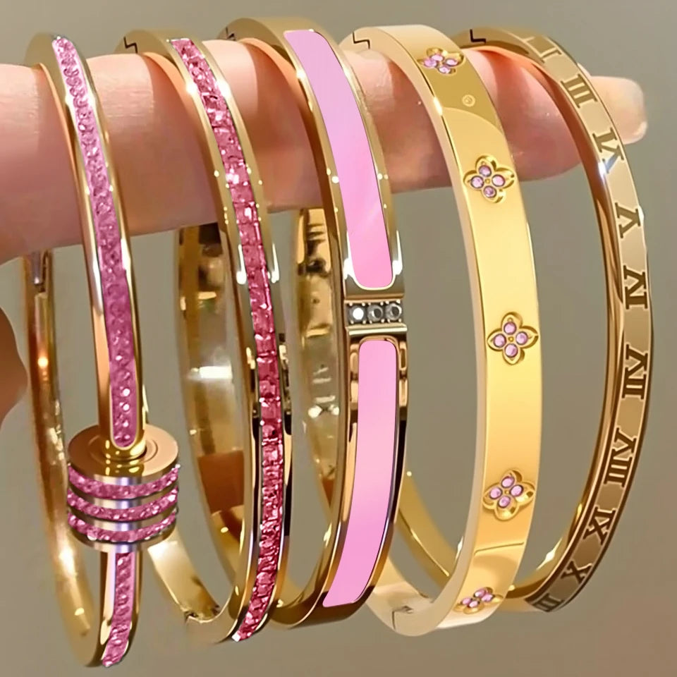 Zirconia Inlaid Waterproof Stainless Steel Bracelet Set Stackable Bangles for Women