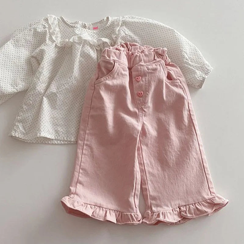 2024 Autumn New Girl Pants Baby Casual Ruffle Wide Leg Pants Children Trendy Autumn Trousers Loose Solid High Waist Bell-bottoms