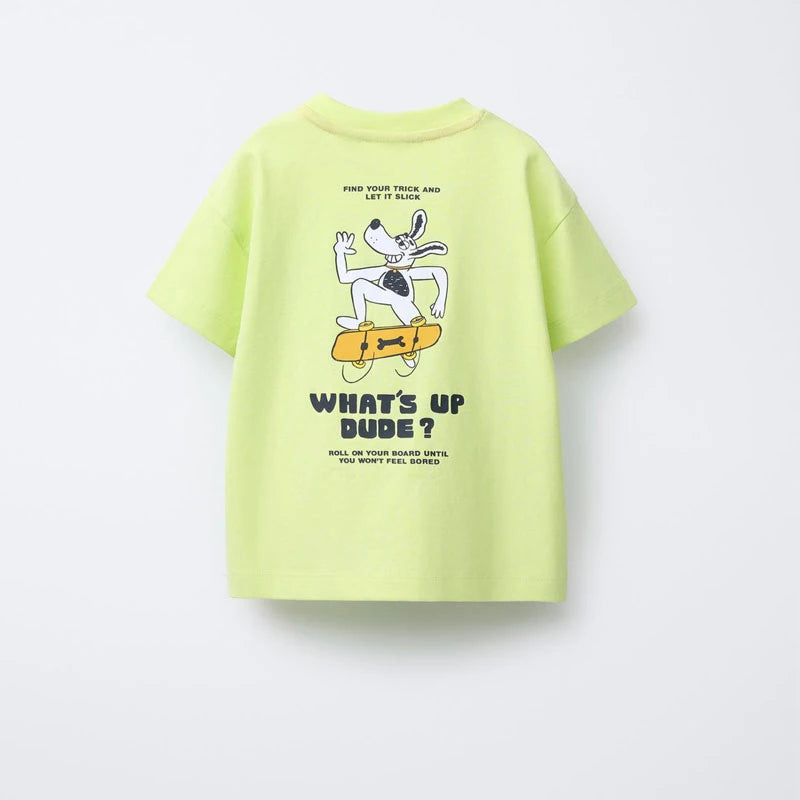 Cartoon Dog Print T Shirt Baby Boys Cute Crewneck Tops Simple All-match Tees White T-shirt Loose Fashion Wear 2025 Baby Clothing
