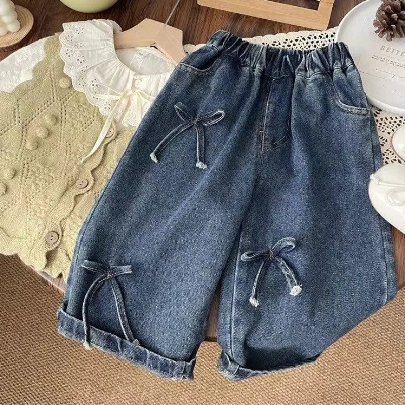 Girls Boys Pants Fashion Bow Loose Jeans 2025 Autumn New Korean Style Childrens Wide Leg Pants Casual Baby Clothing