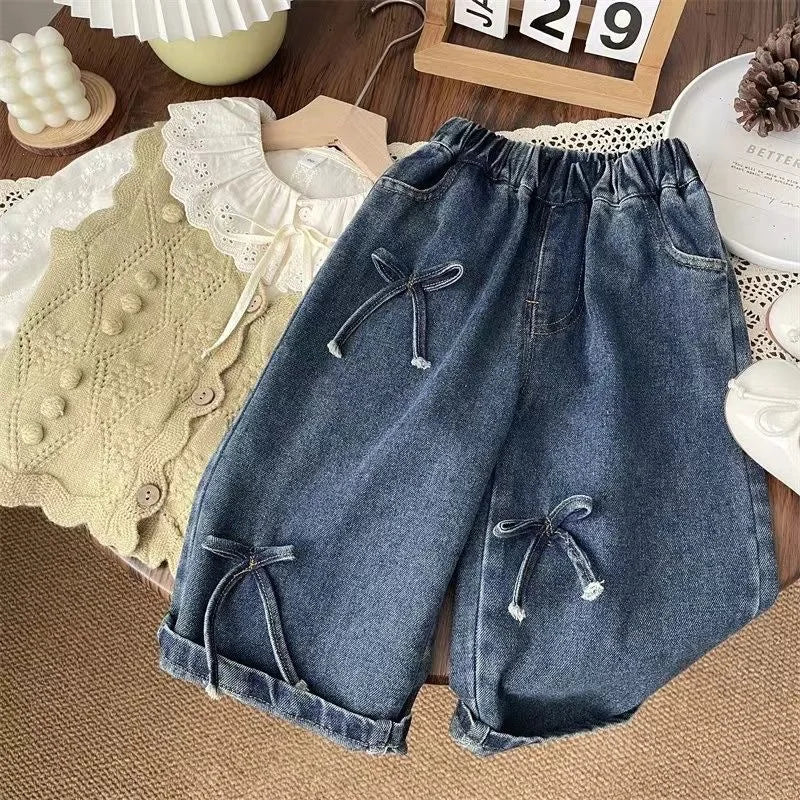 Girls Boys Pants Fashion Bow Loose Jeans 2025 Autumn New Korean Style Childrens Wide Leg Pants Casual Baby Clothing