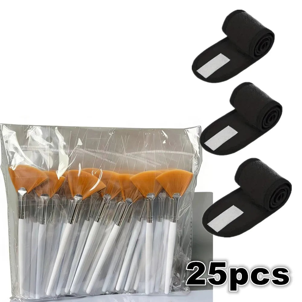 25/50/100pcs/Set Soft Portable Facial Brushes Fan Makeup Brushes with 3pcs Spa Headband Hair Wrap Skincare Tools for Face Mask