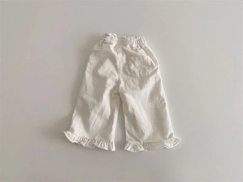 2024 Autumn New Girl Pants Baby Casual Ruffle Wide Leg Pants Children Trendy Autumn Trousers Loose Solid High Waist Bell-bottoms