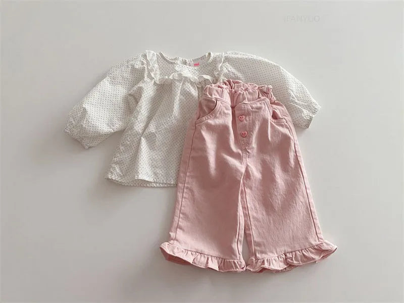 2024 Autumn New Girl Pants Baby Casual Ruffle Wide Leg Pants Children Trendy Autumn Trousers Loose Solid High Waist Bell-bottoms