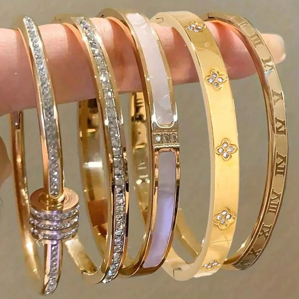 Zirconia Inlaid Waterproof Stainless Steel Bracelet Set Stackable Bangles for Women