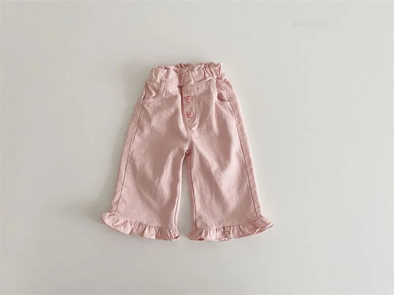 2024 Autumn New Girl Pants Baby Casual Ruffle Wide Leg Pants Children Trendy Autumn Trousers Loose Solid High Waist Bell-bottoms