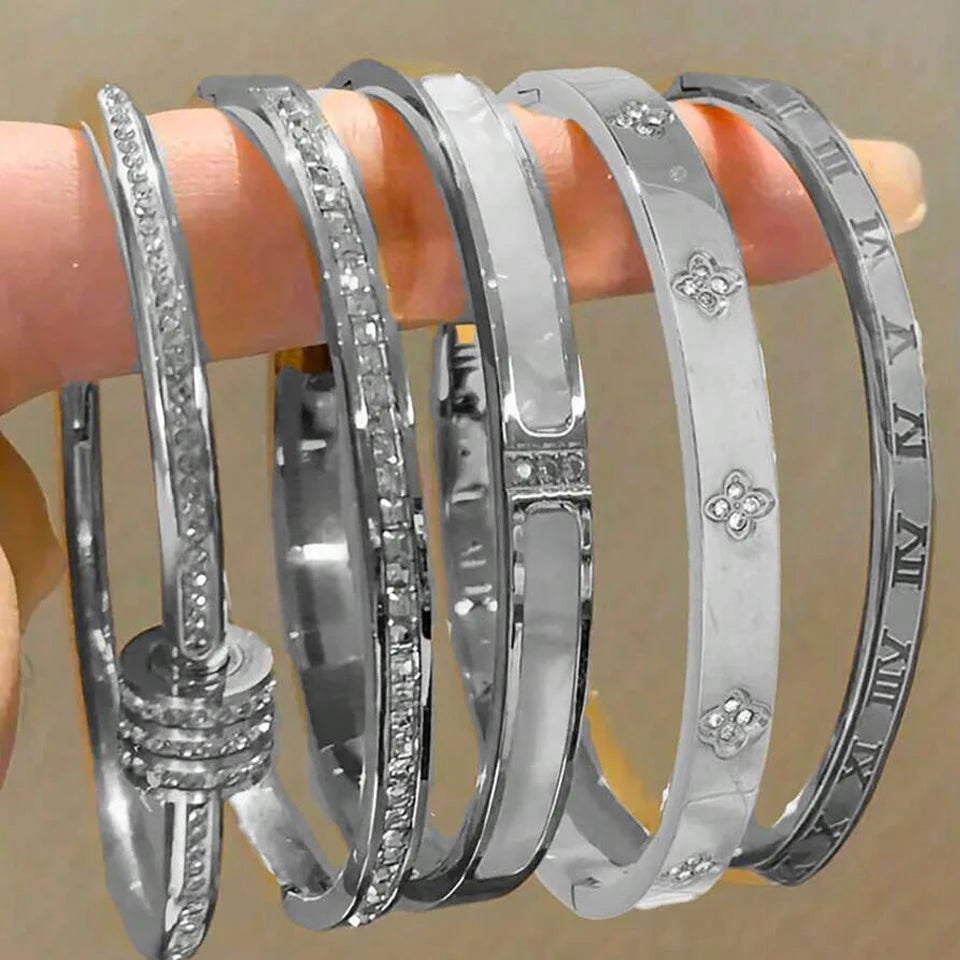 Zirconia Inlaid Waterproof Stainless Steel Bracelet Set Stackable Bangles for Women
