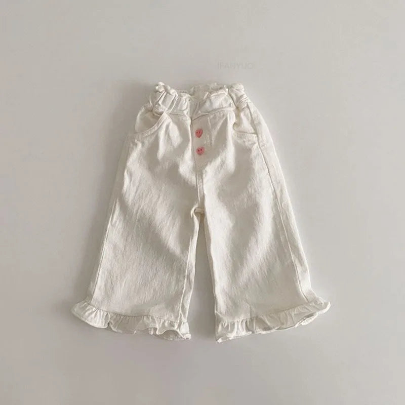 2024 Autumn New Girl Pants Baby Casual Ruffle Wide Leg Pants Children Trendy Autumn Trousers Loose Solid High Waist Bell-bottoms