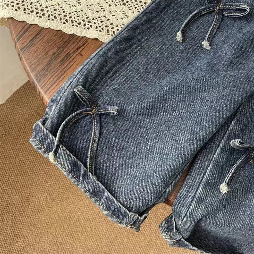Girls Boys Pants Fashion Bow Loose Jeans 2025 Autumn New Korean Style Childrens Wide Leg Pants Casual Baby Clothing