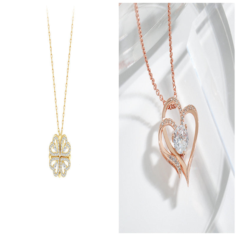 Explosive Detachable Cubic Zircon Heart Shape Four-leaf Clover Necklace Pendant For Women