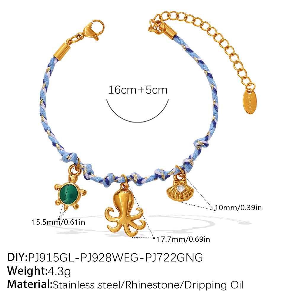 Blue Rope Braided Ocean-themed Pendant Set, Featuring Starfish, Dolphins, And Sea Turtles, Multi-dangling Necklace And Bracelet.
