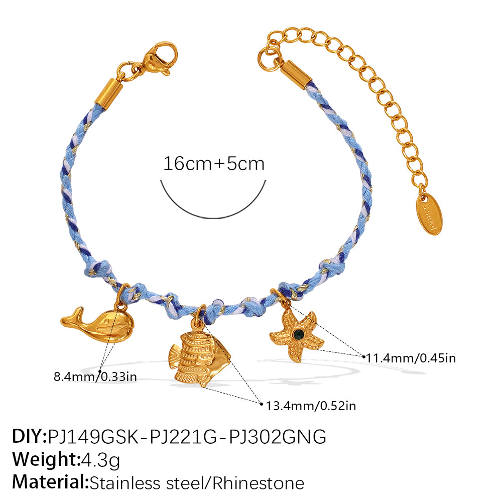 Blue Rope Braided Ocean-themed Pendant Set, Featuring Starfish, Dolphins, And Sea Turtles, Multi-dangling Necklace And Bracelet.