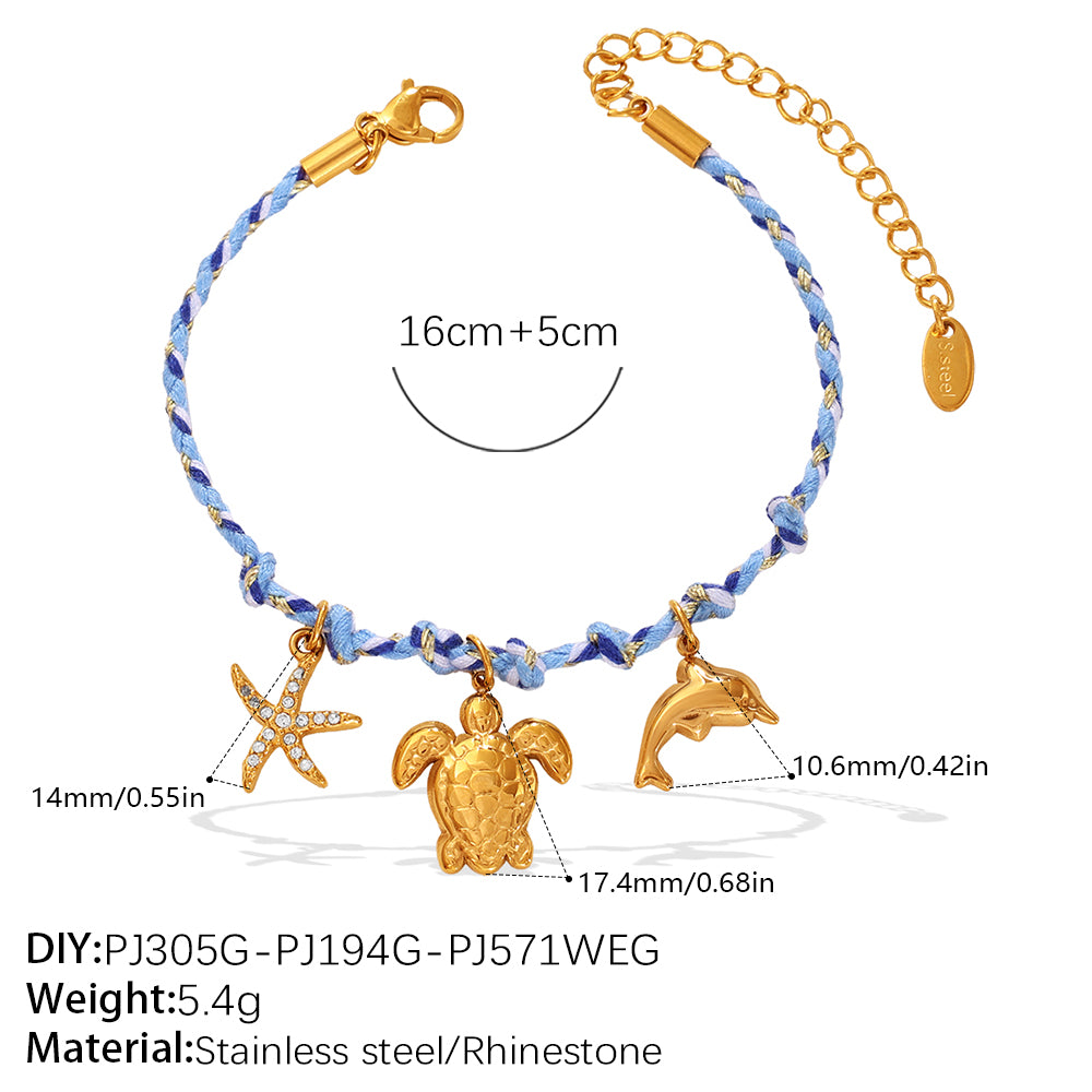 Blue Rope Braided Ocean-themed Pendant Set, Featuring Starfish, Dolphins, And Sea Turtles, Multi-dangling Necklace And Bracelet.