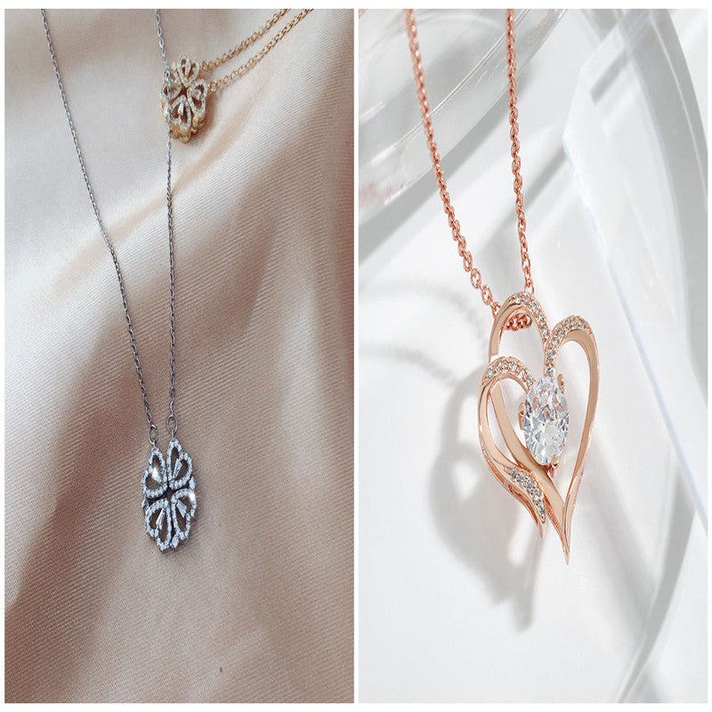 Explosive Detachable Cubic Zircon Heart Shape Four-leaf Clover Necklace Pendant For Women
