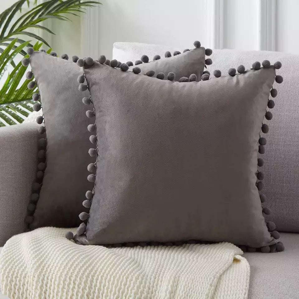 Ball ball lace pillow velvet solid color sofa short plush ball cushion cover | Orazek UK Ltd