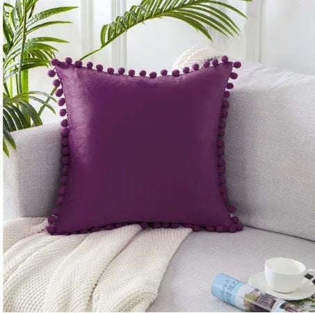 Ball ball lace pillow velvet solid color sofa short plush ball cushion cover | Orazek UK Ltd