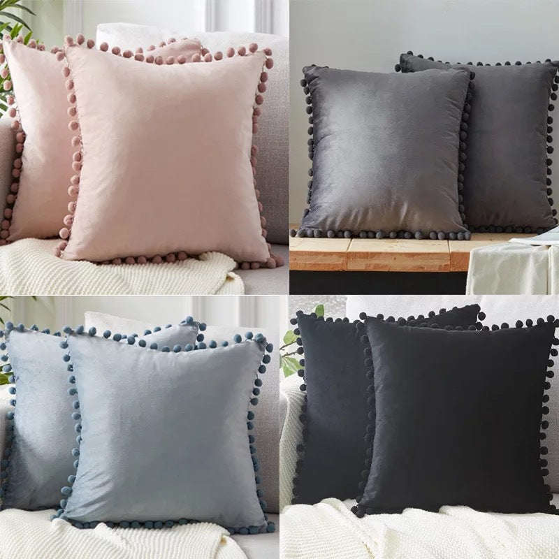 Ball ball lace pillow velvet solid color sofa short plush ball cushion cover Orazek UK Ltd