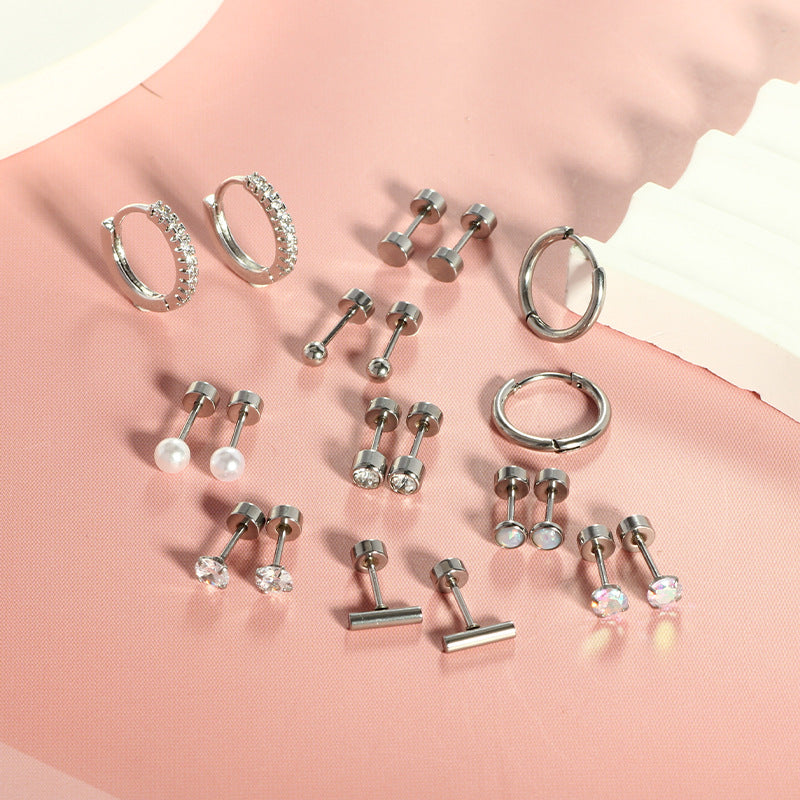 Stainless Steel Round Zircon Earring Set
