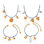 Blue Rope Braided Ocean-themed Pendant Set Featuring Starfish Dolphins And Sea Turtles Multi-dangling Necklace And Bracelet | Orazek UK Ltd