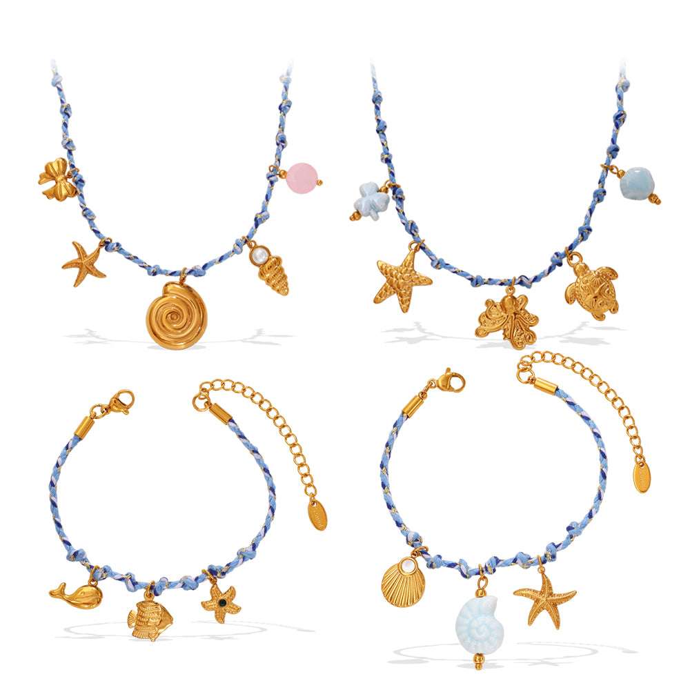 Blue Rope Braided Ocean-themed Pendant Set Featuring Starfish Dolphins And Sea Turtles Multi-dangling Necklace And Bracelet | Orazek UK Ltd