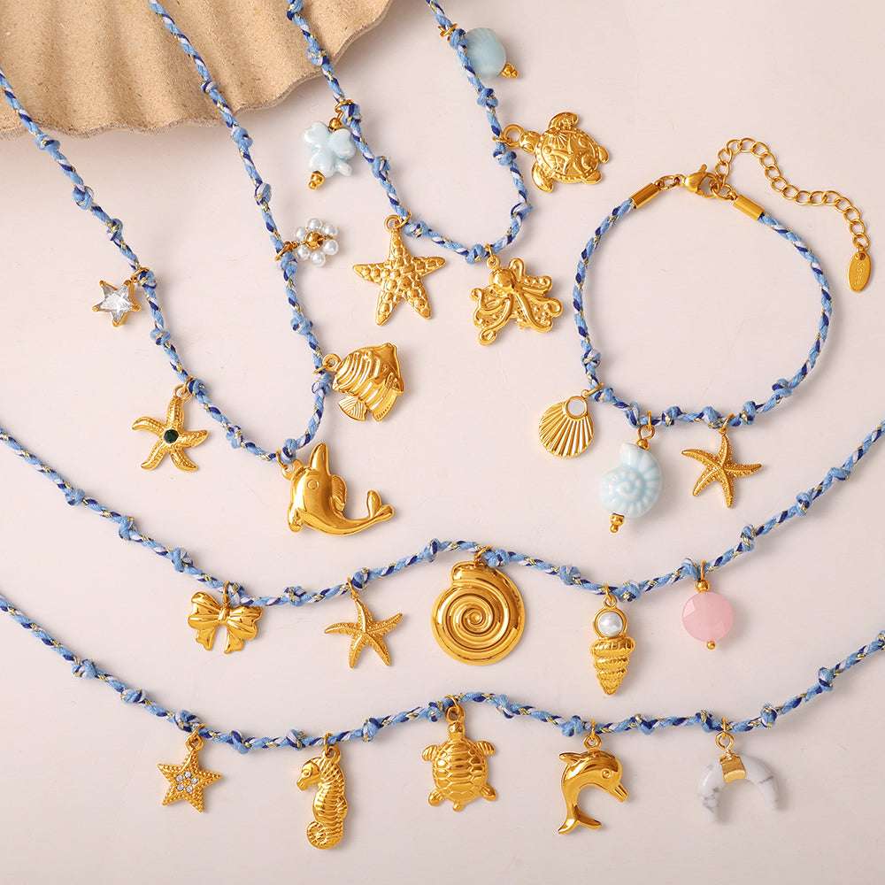 Blue Rope Braided Ocean-themed Pendant Set Featuring Starfish Dolphins And Sea Turtles Multi-dangling Necklace And Bracelet | Orazek UK Ltd