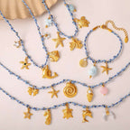 Blue Rope Braided Ocean-themed Pendant Set Featuring Starfish Dolphins And Sea Turtles Multi-dangling Necklace And Bracelet | Orazek UK Ltd