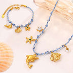 Blue Rope Braided Ocean-themed Pendant Set Featuring Starfish Dolphins And Sea Turtles Multi-dangling Necklace And Bracelet | Orazek UK Ltd