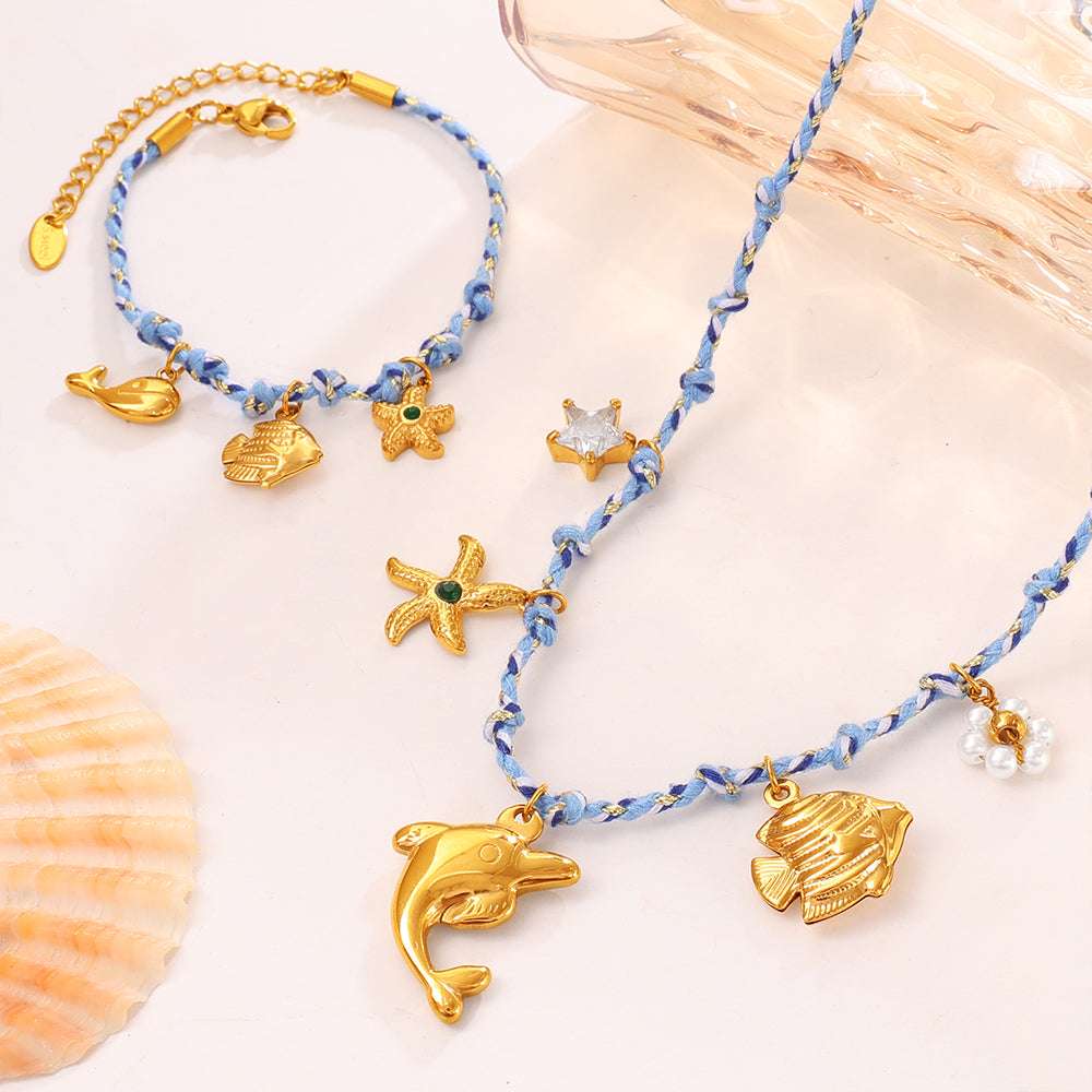 Blue Rope Braided Ocean-themed Pendant Set Featuring Starfish Dolphins And Sea Turtles Multi-dangling Necklace And Bracelet | Orazek UK Ltd