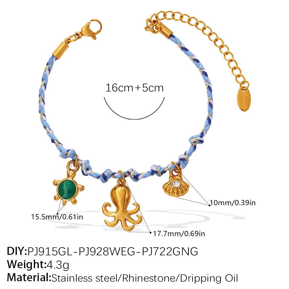 Blue Rope Braided Ocean-themed Pendant Set Featuring Starfish Dolphins And Sea Turtles Multi-dangling Necklace And Bracelet | Orazek UK Ltd
