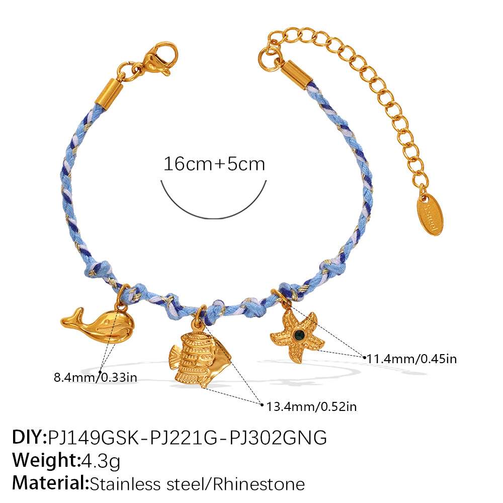 Blue Rope Braided Ocean-themed Pendant Set Featuring Starfish Dolphins And Sea Turtles Multi-dangling Necklace And Bracelet | Orazek UK Ltd