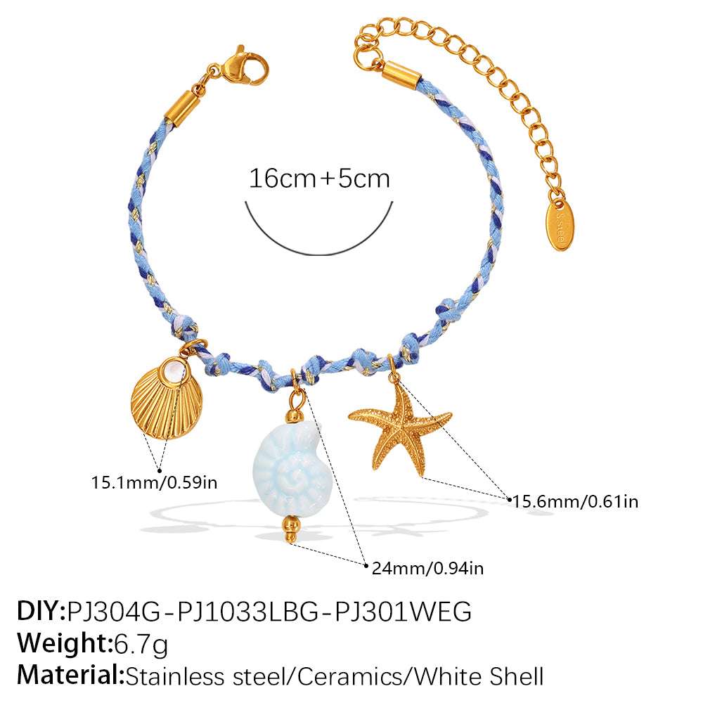 Blue Rope Braided Ocean-themed Pendant Set Featuring Starfish Dolphins And Sea Turtles Multi-dangling Necklace And Bracelet | Orazek UK Ltd