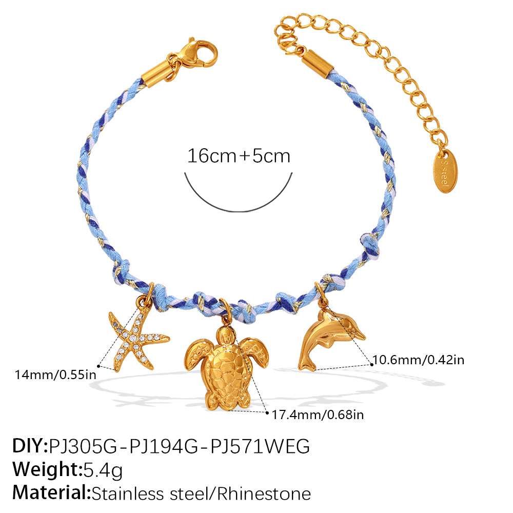Blue Rope Braided Ocean-themed Pendant Set Featuring Starfish Dolphins And Sea Turtles Multi-dangling Necklace And Bracelet | Orazek UK Ltd
