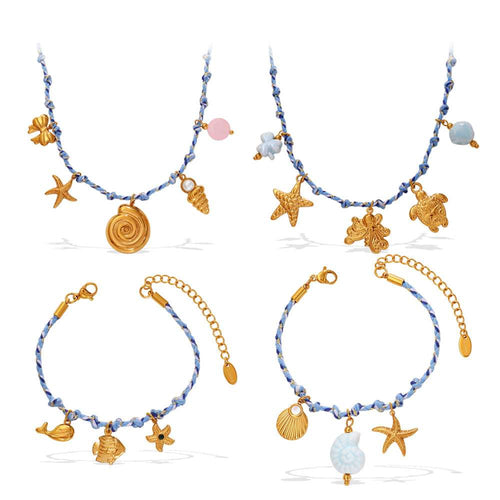 Blue Rope Braided Ocean-themed Pendant Set, Featuring Starfish, Dolphins, And Sea Turtles, Multi-dangling Necklace And Bracelet. Orazek UK Ltd