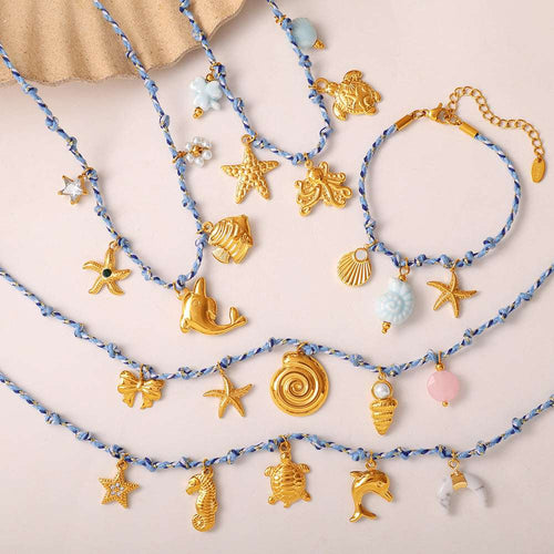 Blue Rope Braided Ocean-themed Pendant Set, Featuring Starfish, Dolphins, And Sea Turtles, Multi-dangling Necklace And Bracelet. Orazek UK Ltd