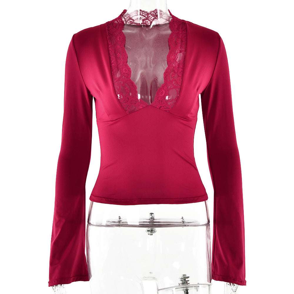 Bottoming Shirt Long Sleeve Slim Fit V-neck Stitching Lace Lace-collared Blouse Orazek UK Ltd
