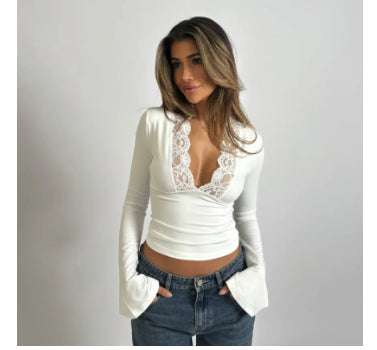 Bottoming Shirt Long Sleeve Slim Fit V-neck Stitching Lace Lace-collared Blouse Orazek UK Ltd