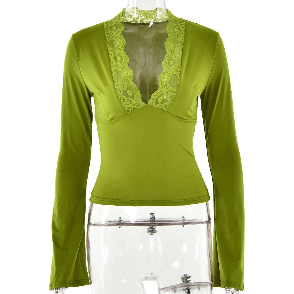 Bottoming Shirt Long Sleeve Slim Fit V-neck Stitching Lace Lace-collared Blouse Orazek UK Ltd