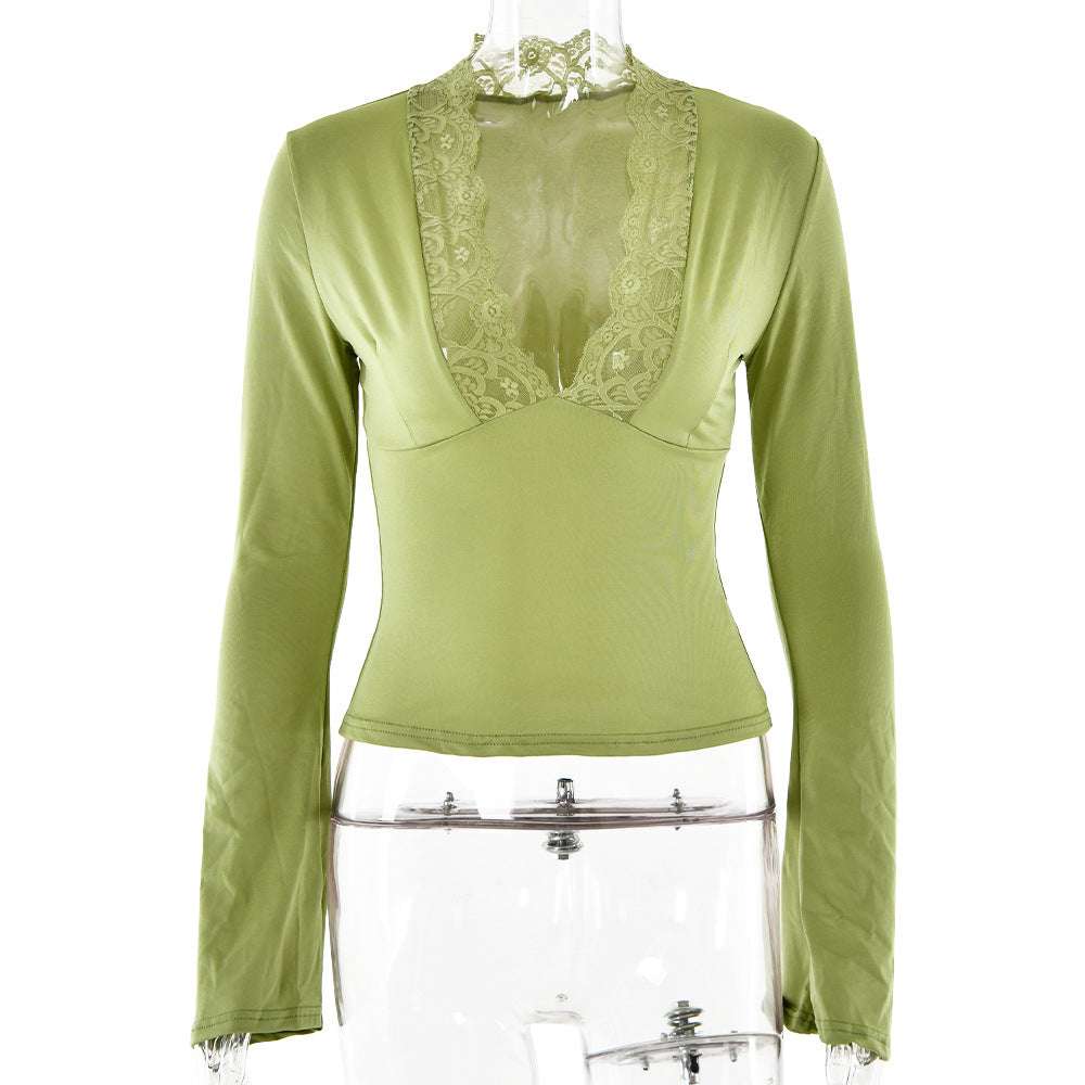Bottoming Shirt Long Sleeve Slim Fit V-neck Stitching Lace Lace-collared Blouse Orazek UK Ltd