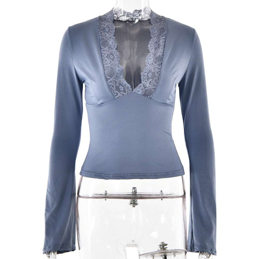 Bottoming Shirt Long Sleeve Slim Fit V-neck Stitching Lace Lace-collared Blouse Orazek UK Ltd