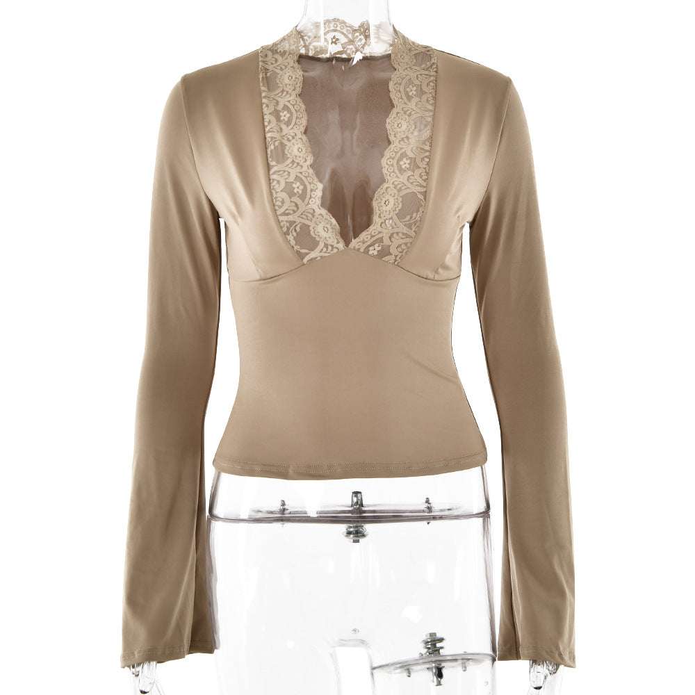 Bottoming Shirt Long Sleeve Slim Fit V-neck Stitching Lace Lace-collared Blouse Orazek UK Ltd