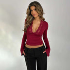 Bottoming Shirt Long Sleeve Slim Fit V-neck Stitching Lace Lace-collared Blouse Orazek UK Ltd