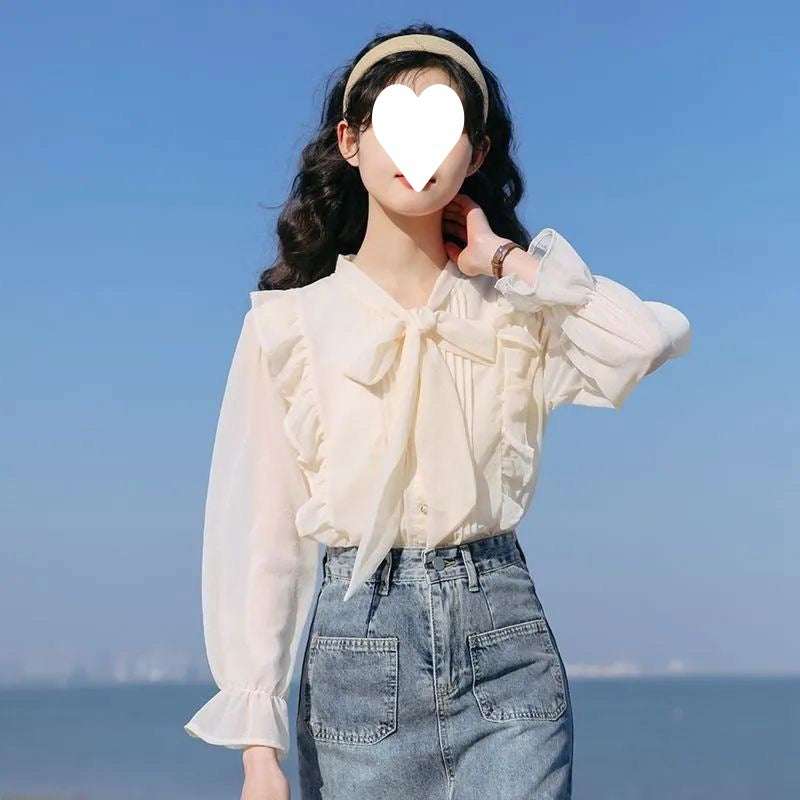 Bow-tie Chiffon Blouse Womens Ruffled Base Shirt | Orazek UK Ltd