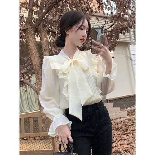 Bow-tie Chiffon Blouse Womens Ruffled Base Shirt Orazek UK Ltd